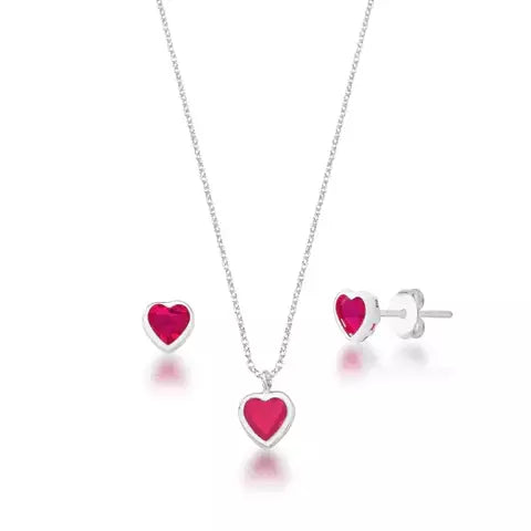 Conjunto de Prata Ponto de Luz Coração Pink