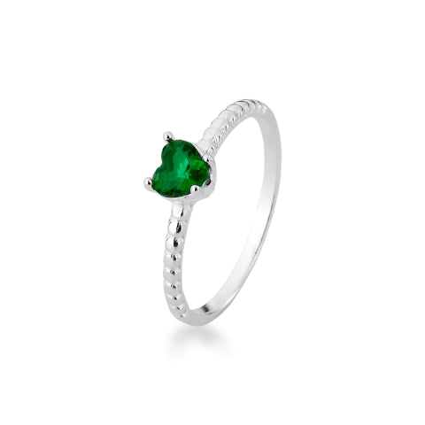 Anel de Prata Solitário Coração Verde