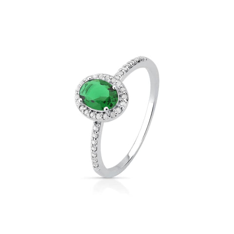 Anel de Prata Oval Solitário Verde Cravejado