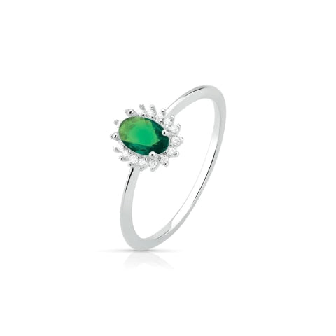 Anel de Prata Solitário Oval Verde Cravejado