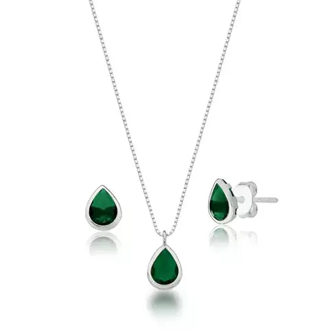 Conjunto de Prata Ponto de Luz Gota Verde