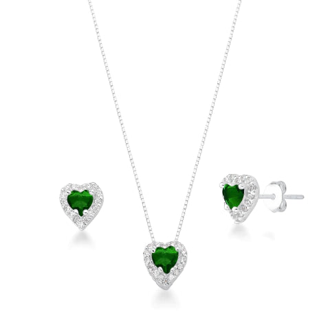 Conjunto de Prata Coração Verde Cravejado