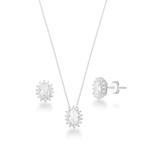 Conjunto de Prata Pedra Oval Cristal Cravejado