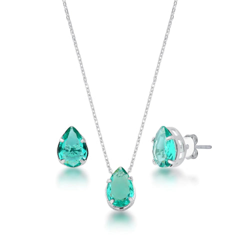Conjunto de Prata Gota Cor Turmalina Verde
