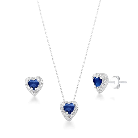 Conjunto de Prata Coração Cravejado Azul