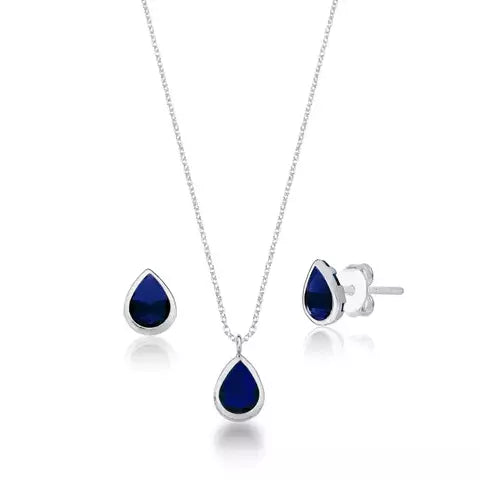 Conjunto de Prata Ponto de Luz Gota Azul Escuro