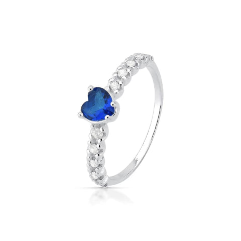 Anel de Prata Coração Cravejado Azul