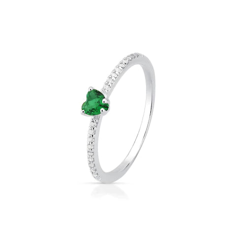 Anel de Prata Solitário Coração Verde Cravejado