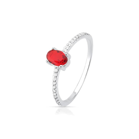 Anel de Prata Oval Vermelho Cravejado