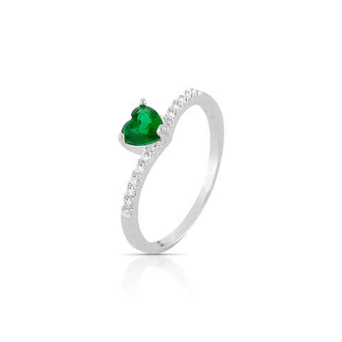 Anel de Prata Chevron Cravejado Coração Verde