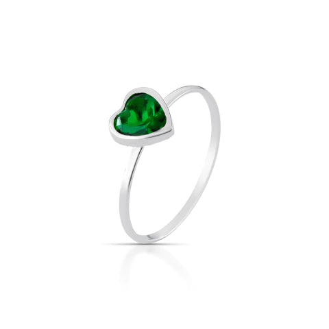 Anel de Prata Solitário Coração Verde
