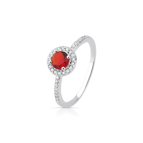 Anel de Prata Solitário Ponto de Luz 5mm Vermelho Cravejado