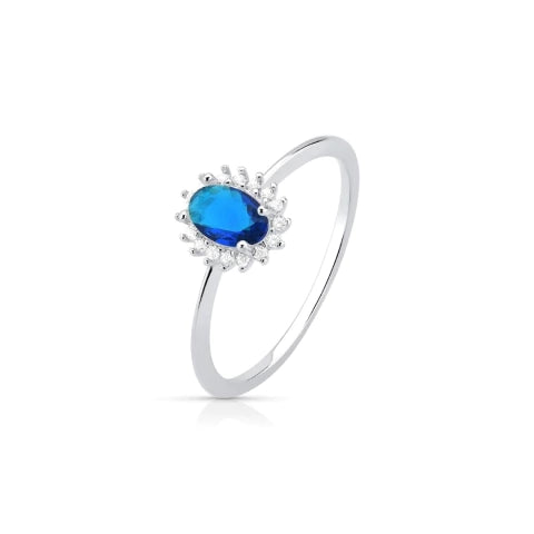 Anel de Prata Solitário Oval Azul Cravejado