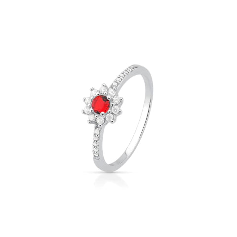 Anel de Prata Flor Solitário Vermelho Cravejado