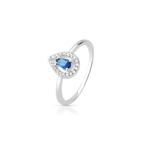 Anel de Prata Gota Azul Solitário Cravejado