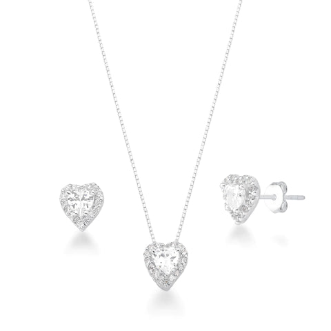 Conjunto de Prata Coração Cristal Cravejado