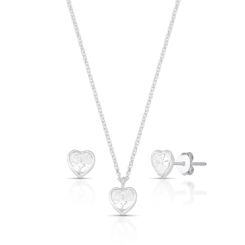 Conjunto de Prata Ponto de Luz Coração Cristal