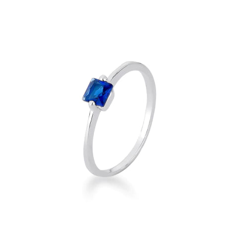 Anel de Prata Solitário Quadrado Azul