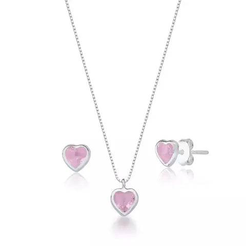 Conjunto de Prata Ponto de Luz Coração Rosa