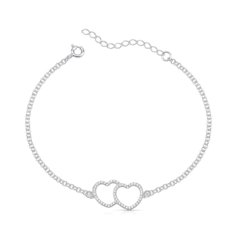 Pulseira Dois Corações Vazado Cravejado de Prata