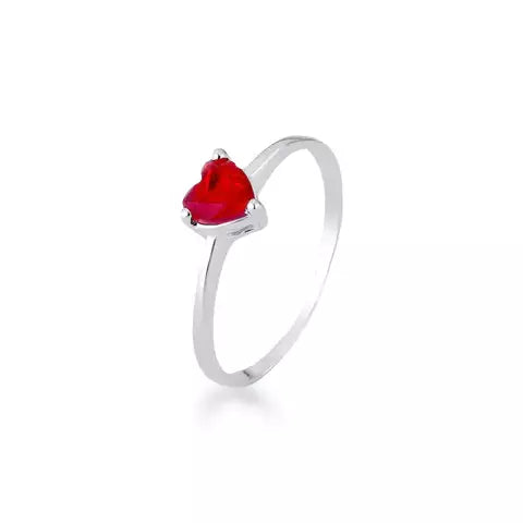 Anel de Prata Coração Vermelho Solitário